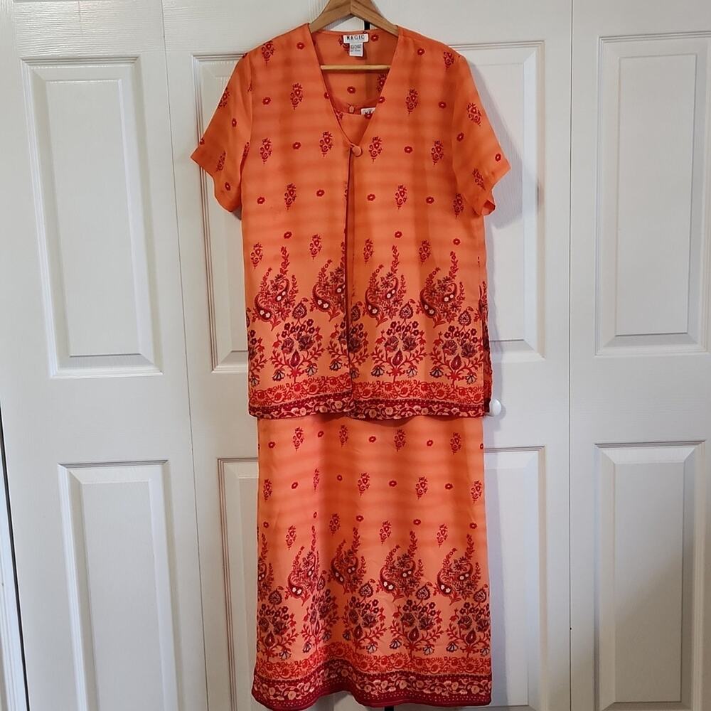 Magic Women's Orange Floral Paisley Maxi Dress & Jacket Size SM Vibrant Wedding